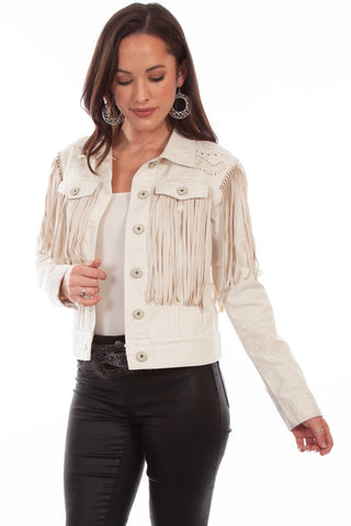 Scully Womens Off White Cotton Blend Fringe Paisley Denim Jacket