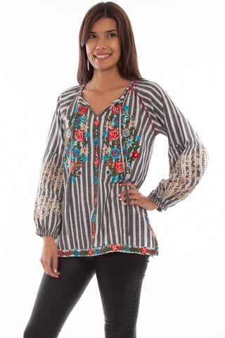Scully Womens Charcoal 100% Cotton Embroidered Stripe L/S Blouse