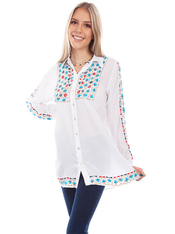 Scully Womens White Viscose Vintage Geometric L/S Blouse