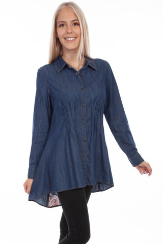 Scully Womens Denim Cotton Blend Lace Back L/S Shirt