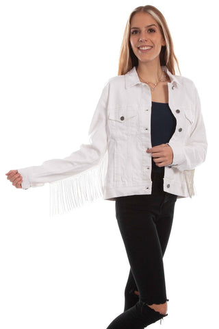Scully Womens White Cotton Blend Rhinestone Fringe Jacket
