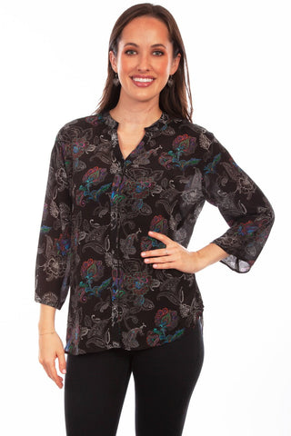 Scully Womens Black Multi Rayon Paisley S/S Shirt