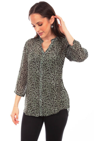 Scully Womens Grey Rayon Animal Print S/S Blouse