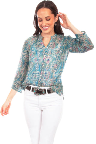 Scully Womens Turquoise Rayon Classic Print S/S Blouse