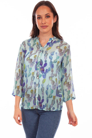 Scully Womens Aqua Rayon Cactus S/S Blouse
