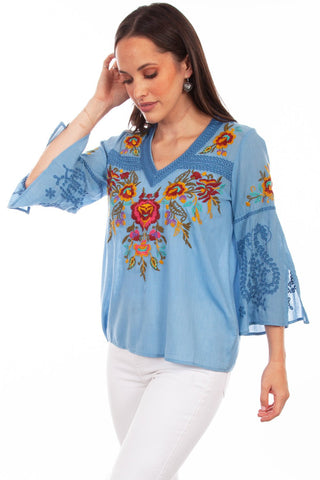 Scully Womens Blue Multi 100% Cotton Detailed Floral S/S Blouse