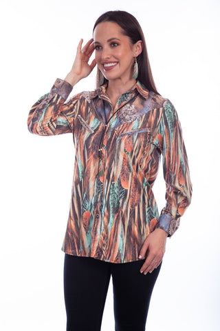 Scully Womens Turquoise Polyester Ornament Feather L/S Shirt