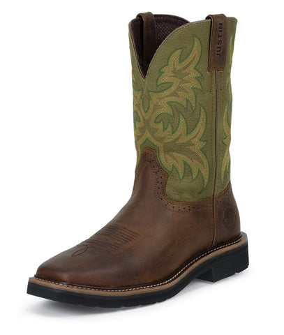 Justin Mens Green Cowhide Leather Work Boots 11in Stampede Pull-On