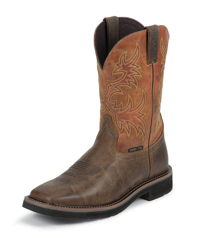 Justin Mens Tan Rugged Leather Work Boots 11in Stampede Comp Toe