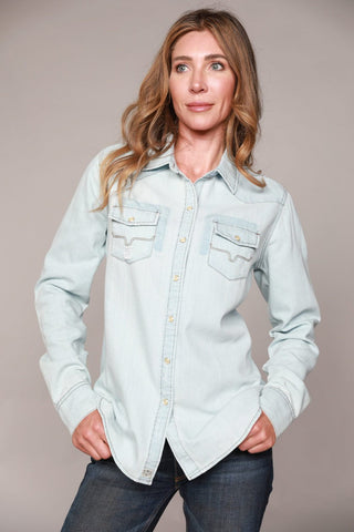 Kimes Ranch Womens Kaycee Top Destroy Denim Cotton Blend L/S Shirt