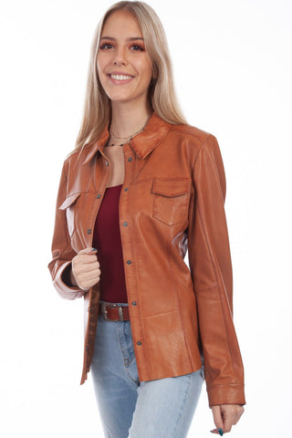 Scully Womens Cognac Lamb Leather Contemporary Snap Jacket