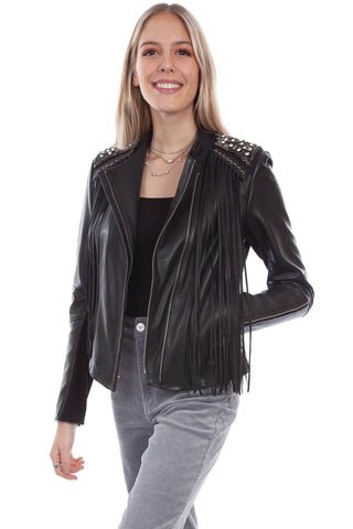 Scully Womens Studded Fringe Black Lamb Leather Leather Jacket