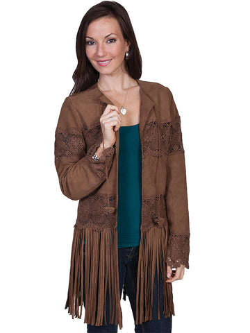 Scully Womens Brown Leather Laced Crochet Coat