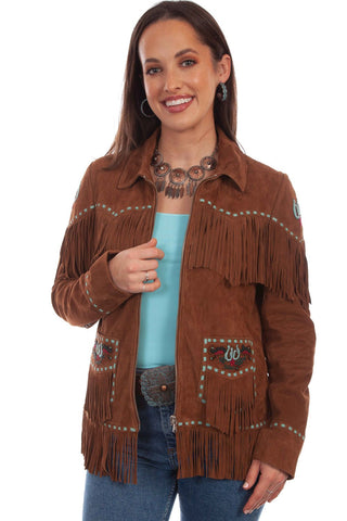 Scully Womens Brown Lamb Suede Leather Pick Stitch Fringe Jacket
