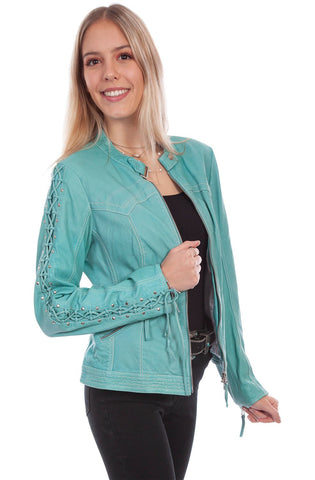 Scully Womens Blue River Leather Laced Sleeve Jacket