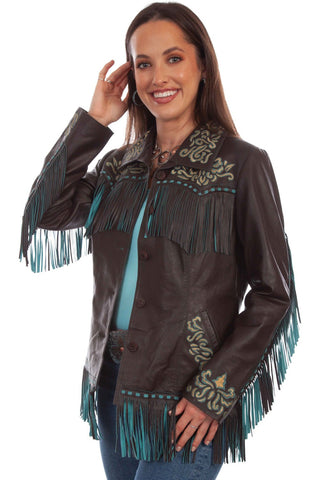 Scully Womens Chocolate Leather Bold Embroidered Jacket