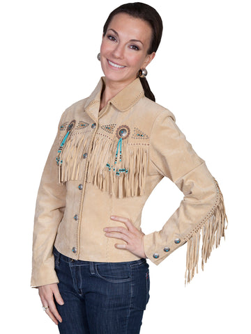 Scully Leather Womens Beaded Fringe Conchos Boar Suede Jacket Chamois
