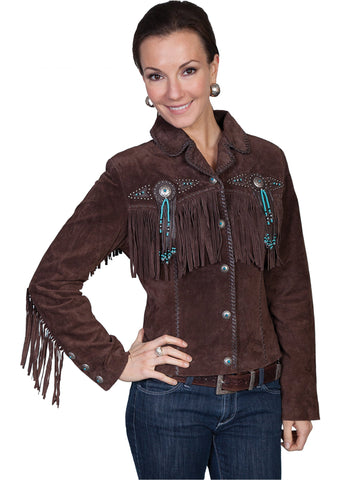 Scully Leather Womens Beaded Fringe Conchos Boar Suede Jacket Chocolate