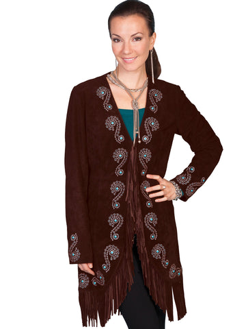 Scully Leather Womens Fringe Silver Embroidered Boar Suede Jacket Expresso