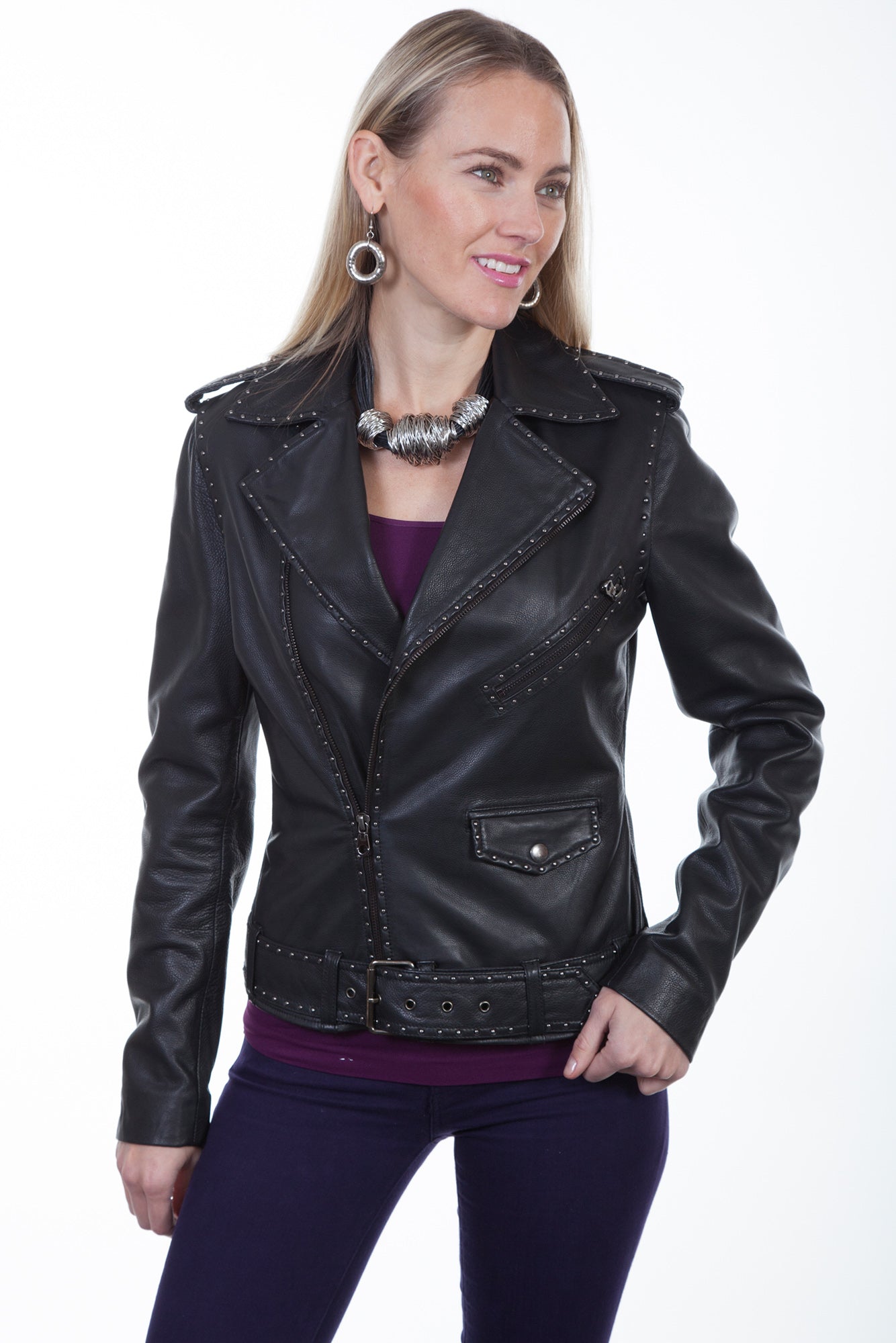 Scully Womens Black Lamb Studded Moto Jacket – The Western Company
