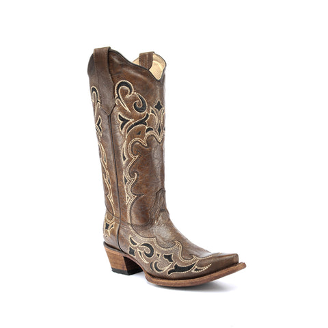 Circle G Ladies Embroidery Black/Brown Pig Leather Cowgirl Boots