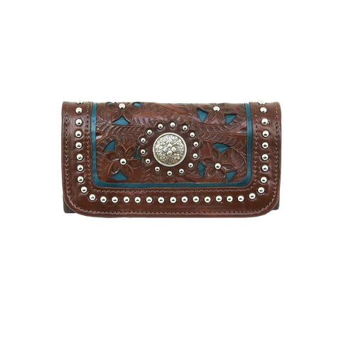 American West Lady Lace Chestnut Brown/Dark Turquoise Leather Trifold Wallet