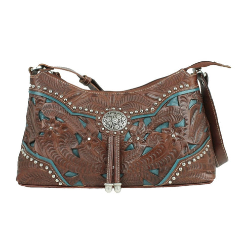American West Lady Lace Chestnut Leather Zip Top Shoulder Bag