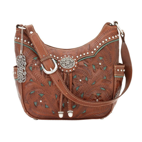 American West Lady Lace Antique Brown/Marine Turquoise Leather Zip Hobo Bag