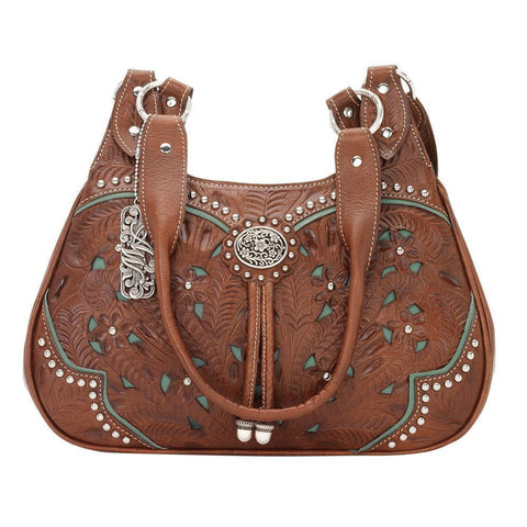American West Lady Lace Antique Brown/Marine Turquoise Leather Zip Scoop Tote