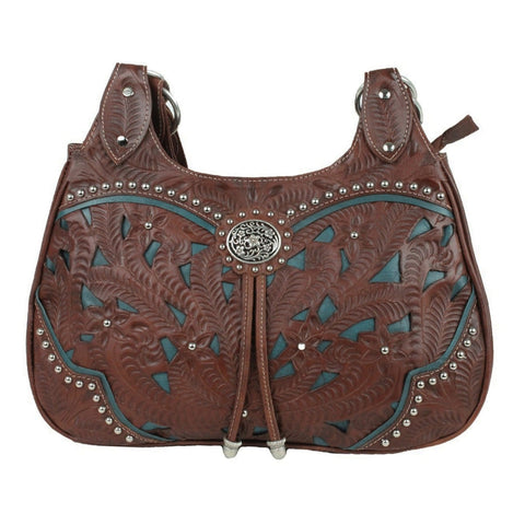 American West Lady Lace Chestnut Brown/Dark Turquoise Leather Zip Scoop Tote