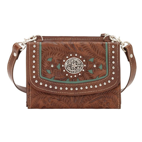 American West Lady Lace Antique Brown/Marine Turquoise Leather Small Crossbody