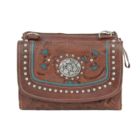 American West Lady Lace Chestnut Brown/Dark Turquoise Leather Event Bag