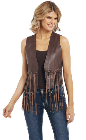 Cripple Creek Womens Antique Brown Lamb Leather Knotted Fringe Vest