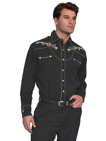Scully Mens Shirt Western Black Poly Blend Embroidered Music Note Snap L/S
