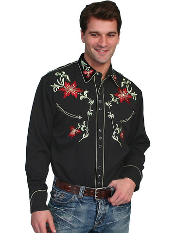 Scully Mens Shirt Western Black Poly Blend Embroidered Floral Arrow L/S
