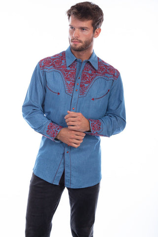 Scully Mens Blue/Cranberry Polyester Floral Tooled L/S Shirt