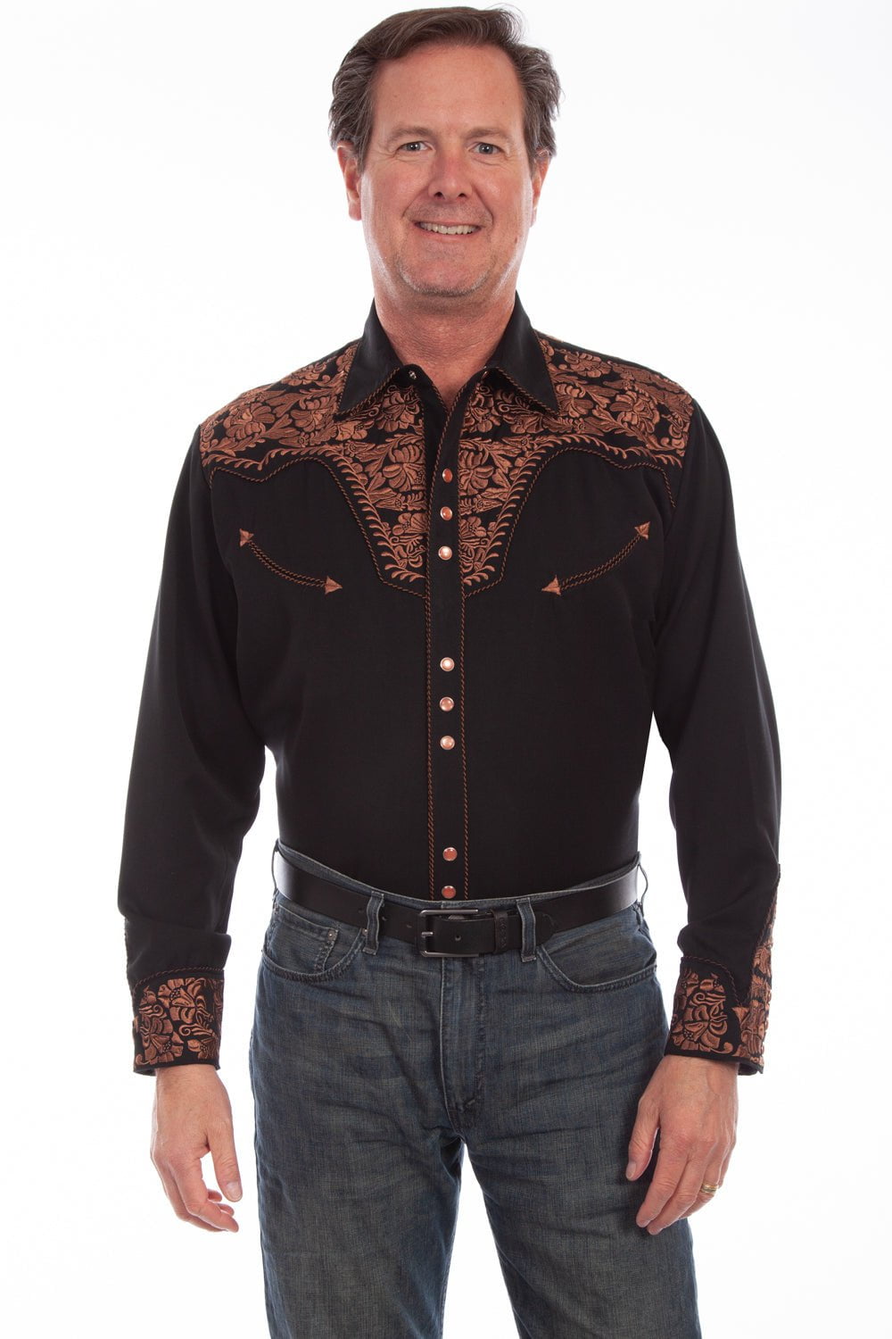 Scully Mens Shirt Western Black Poly Blend Floral Tooled Stitch L/S ...