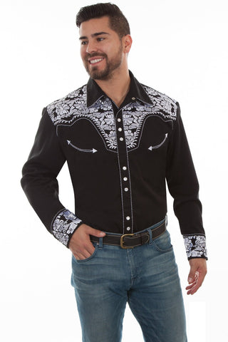 Scully Mens Black/White Polyester Floral Tooled L/S Shirt