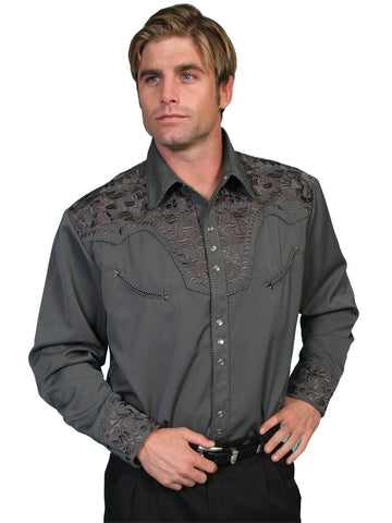 Scully Mens Charcoal Poly/Rayon Tooled Floral L/S Shirt