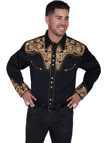 Scully Mens Shirt Western Gold Poly Blend Floral Tooled Stitch L/S
