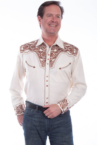 Scully Western Mens Natural Polyester L/S Big Tooled Floral Western Shirt