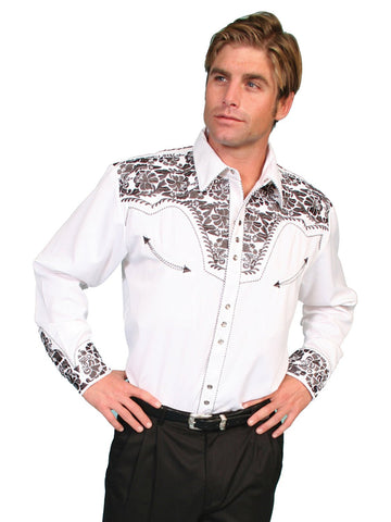 Scully Mens Shirt Western Pewter Poly Blend Floral Tooled Stitch L/S