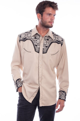 Scully Mens Tan/Black Polyester Tooled Floral L/S Shirt