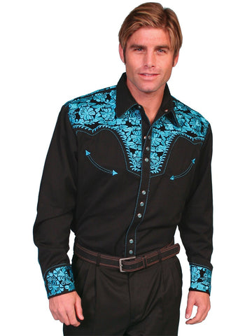 Scully Mens Shirt Western Turquoise Poly Blend Floral Tooled Stitch L/S