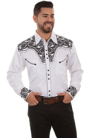 Scully Mens White/Black Poly/Rayon Tooled Floral L/S Shirt