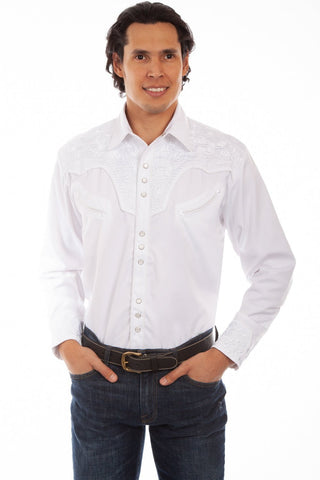 Scully Mens Shirt Western White Poly Blend Floral Tooled Stitch L/S