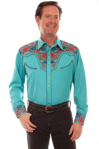 Scully Mens Turquoise Poly/Rayon Floral Tooled L/S Shirt