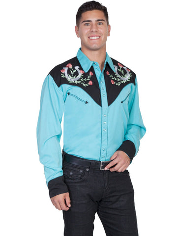 Scully Mens Shirt Western Turquoise Poly Blend Horseshoe Rose Stitch L/S