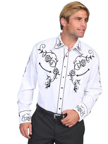 Scully Mens Shirt Western White Poly Blend Floral Yoke Stitch L/S
