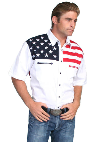 Scully Western Mens White 100% Cotton S/S American Flag Western Shirt